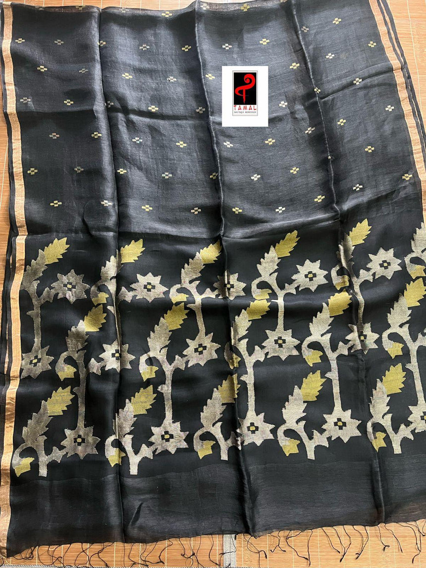 Black lata pallu silk linen handwoven jamdani saree - Tamal Boutique