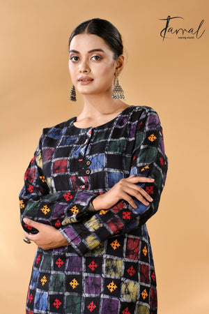 Black with multi colour Gujarati motifs handcrafted batik with Kantha stitch work pure silk kurti Left