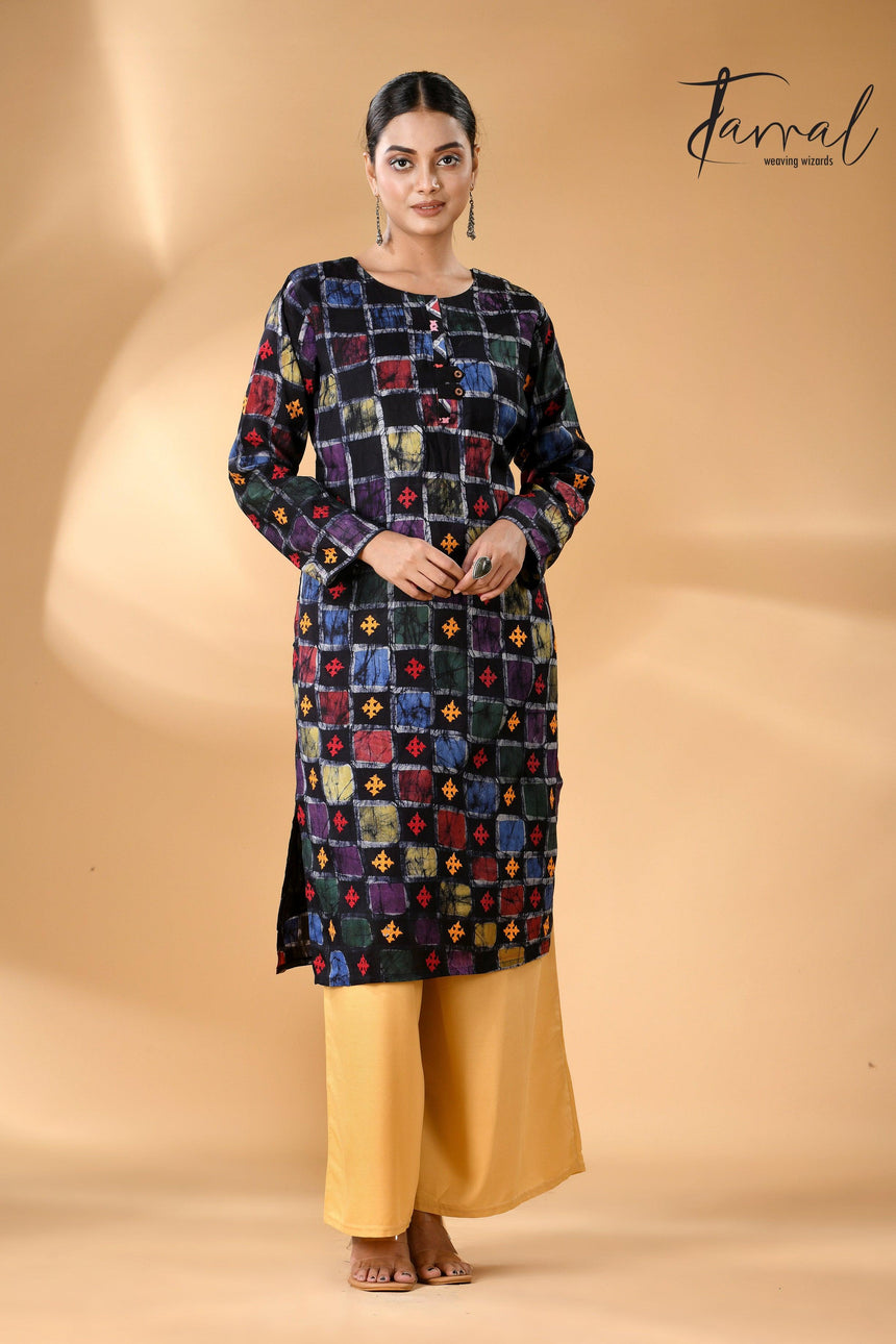 Black with multi colour Gujarati motifs handcrafted batik with Kantha stitch work pure silk kurti full4