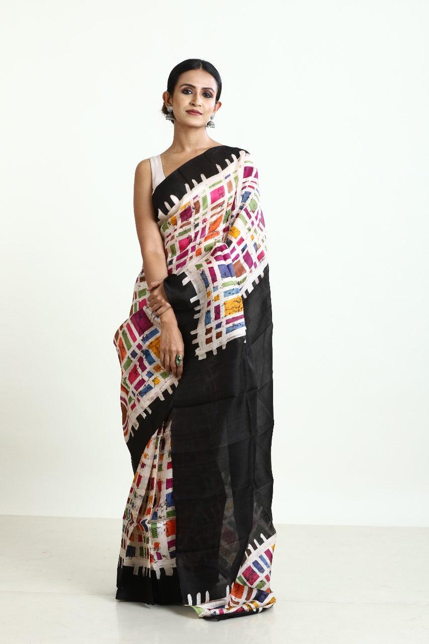Black with multicolour boxed handcrafted batik silk saree - Tamal Boutique