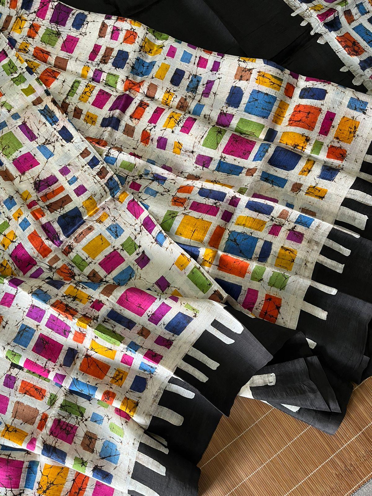 Black with multicolour boxed handcrafted batik silk saree - Tamal Boutique