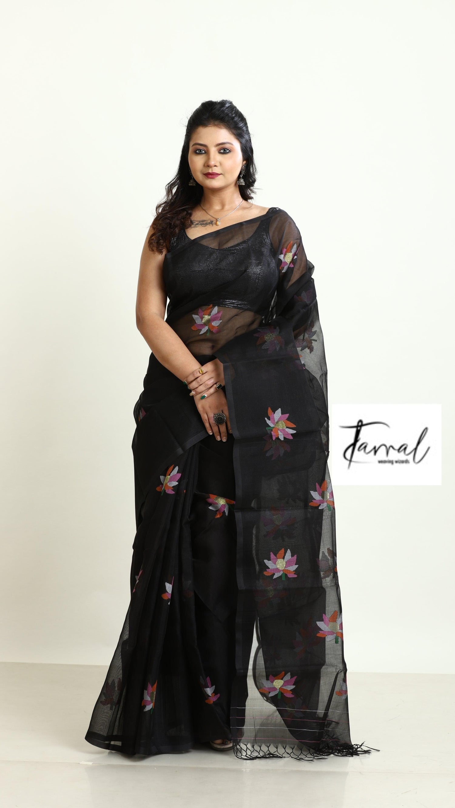 Black with multi colour lotus motifs handwoven jamadani silk saree - Tamal Boutique