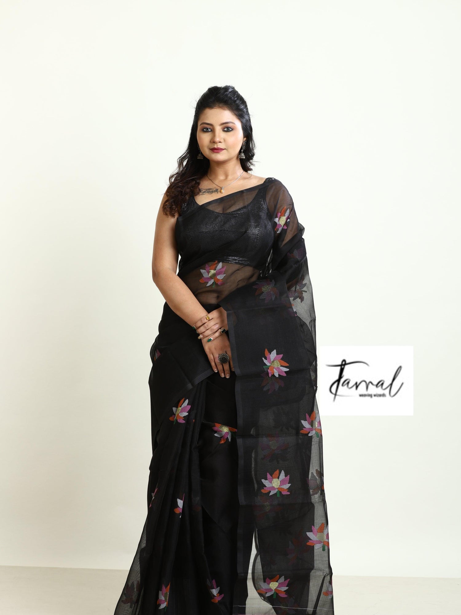 Black with multi colour lotus motifs handwoven jamadani silk saree - Tamal Boutique