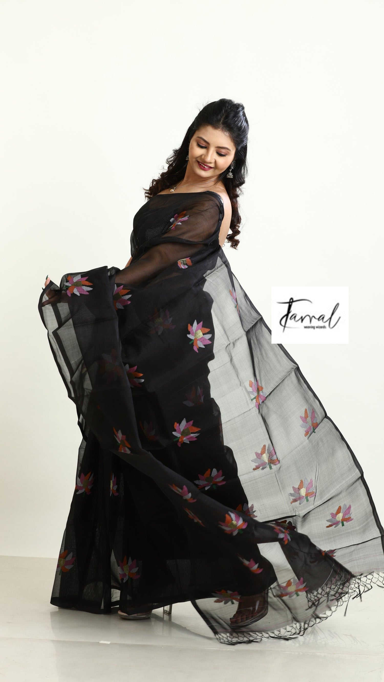 Black with multi colour lotus motifs handwoven jamadani silk saree - Tamal Boutique