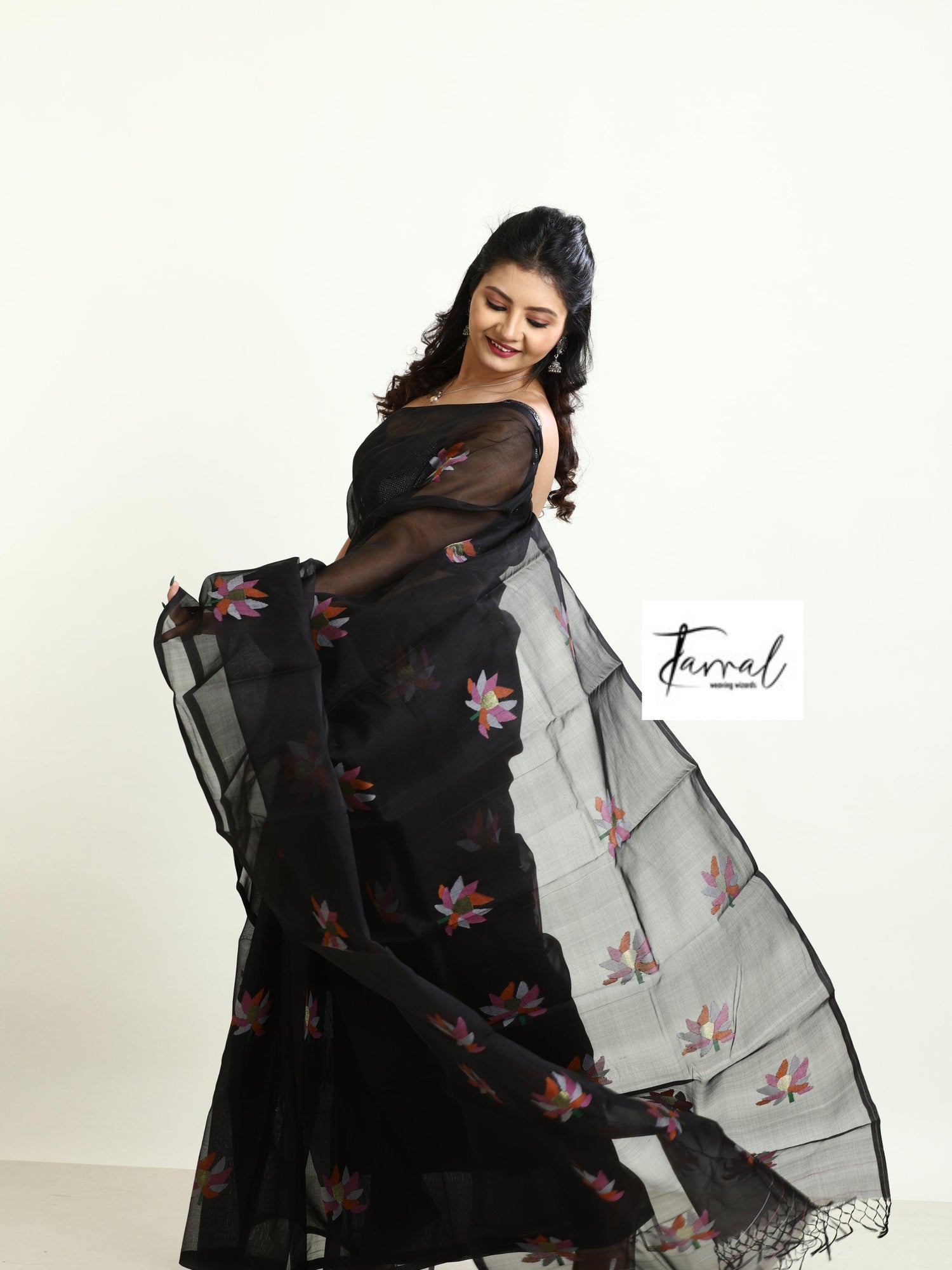 Black with multi colour lotus motifs handwoven jamadani silk saree - Tamal Boutique