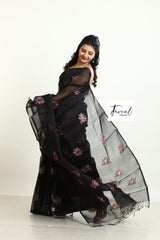 Black with multi colour lotus motifs handwoven jamadani silk saree - Tamal Boutique
