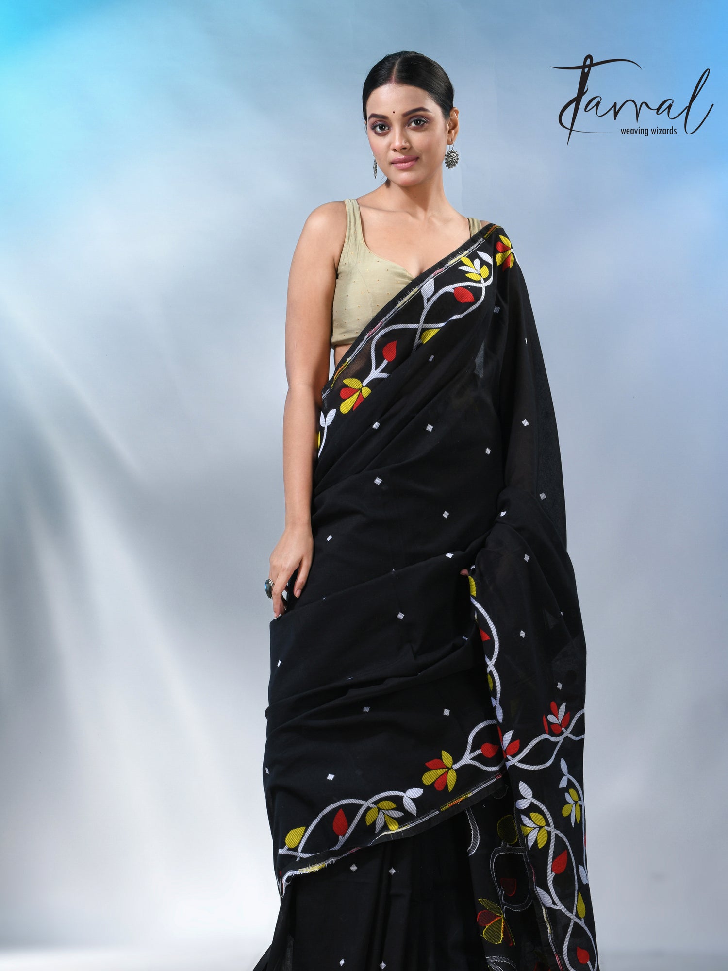 Black with multi colour pure cotton handloom jamdani saree