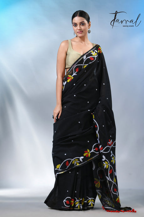 Black with multi colour pure cotton handloom jamdani saree
