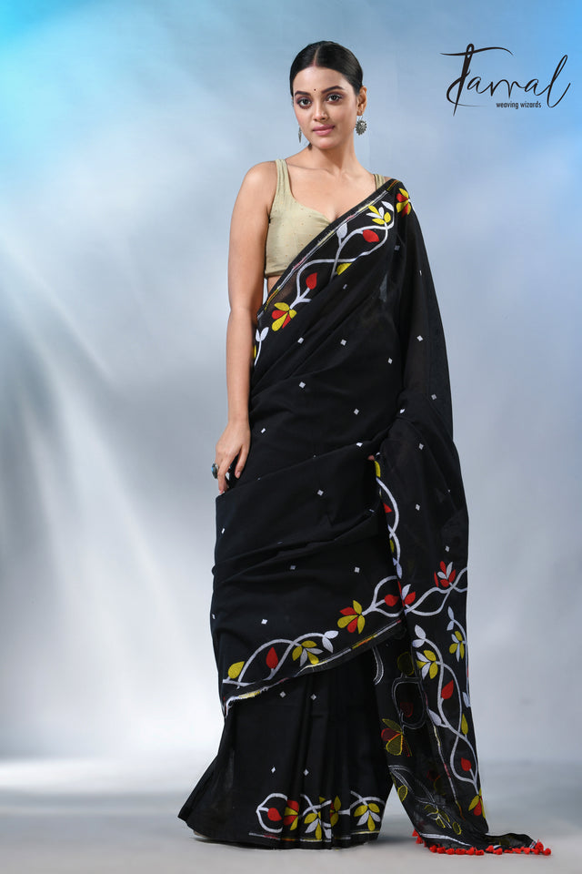 Black with multi colour pure cotton handloom jamdani saree