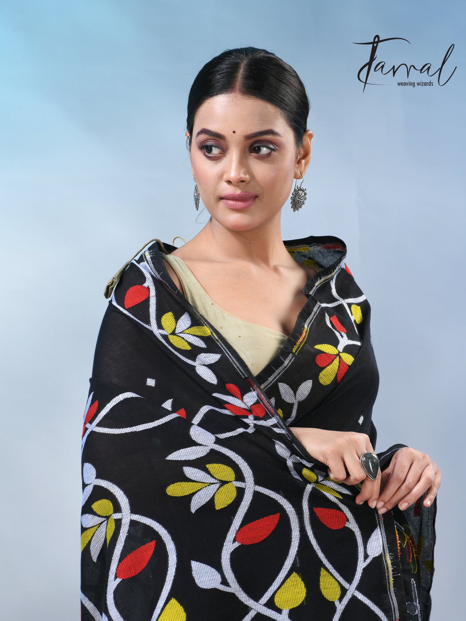 Black with multi colour pure cotton handloom jamdani saree