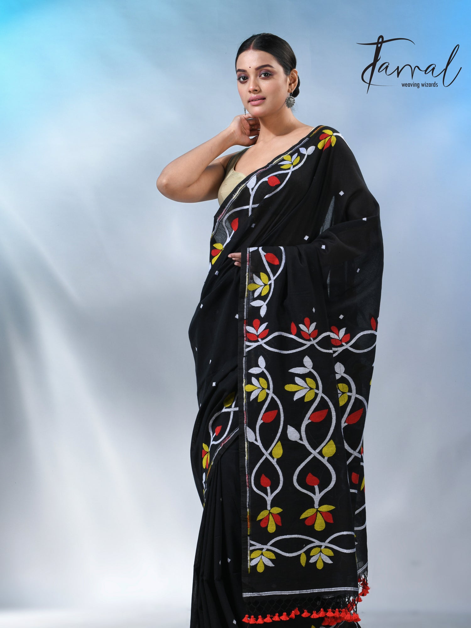 Black with multi colour pure cotton handloom jamdani saree