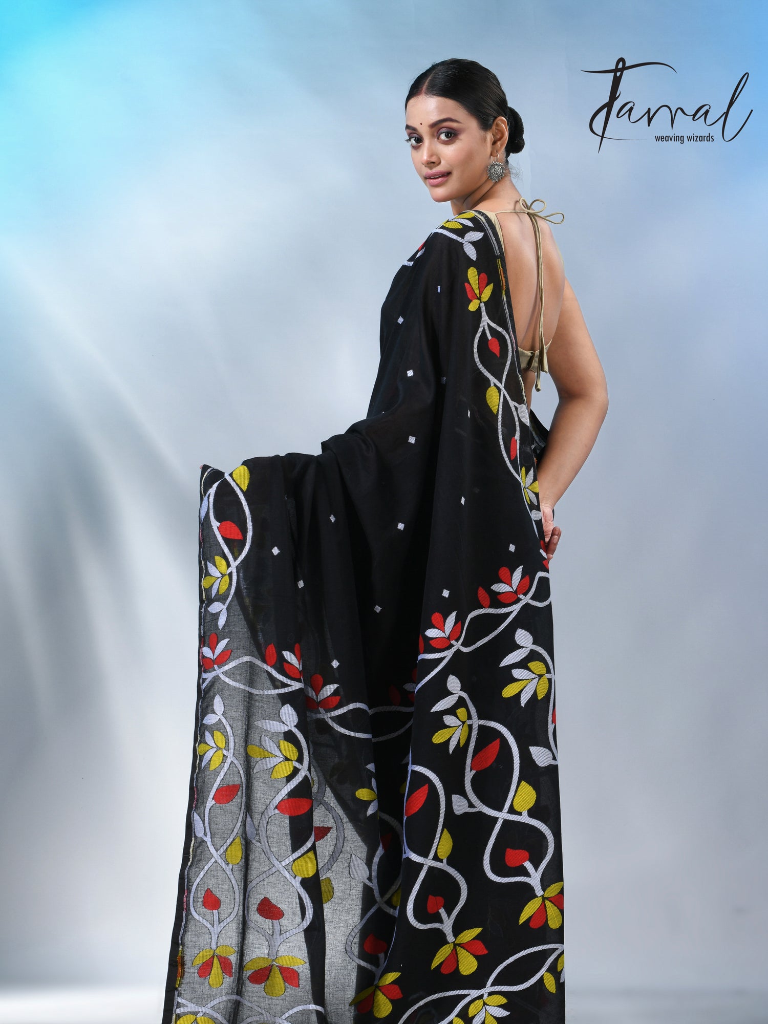 Black with multi colour pure cotton handloom jamdani saree