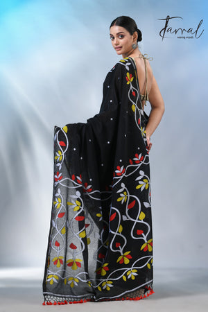 Black with multi colour pure cotton handloom jamdani saree