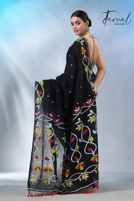 Black with multi colour pure cotton handloom jamdani saree