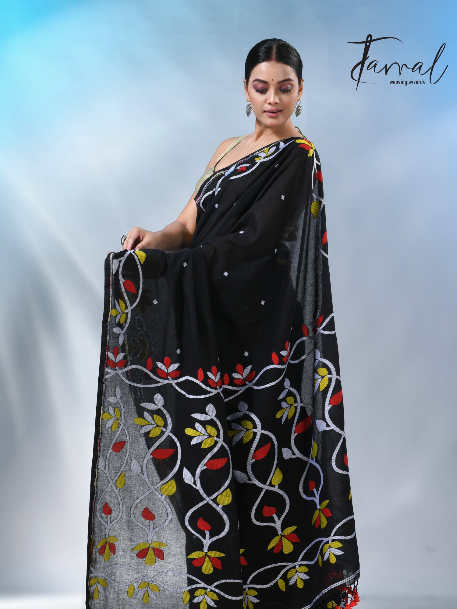 Black with multi colour pure cotton handloom jamdani saree