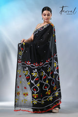 Black with multi colour pure cotton handloom jamdani saree