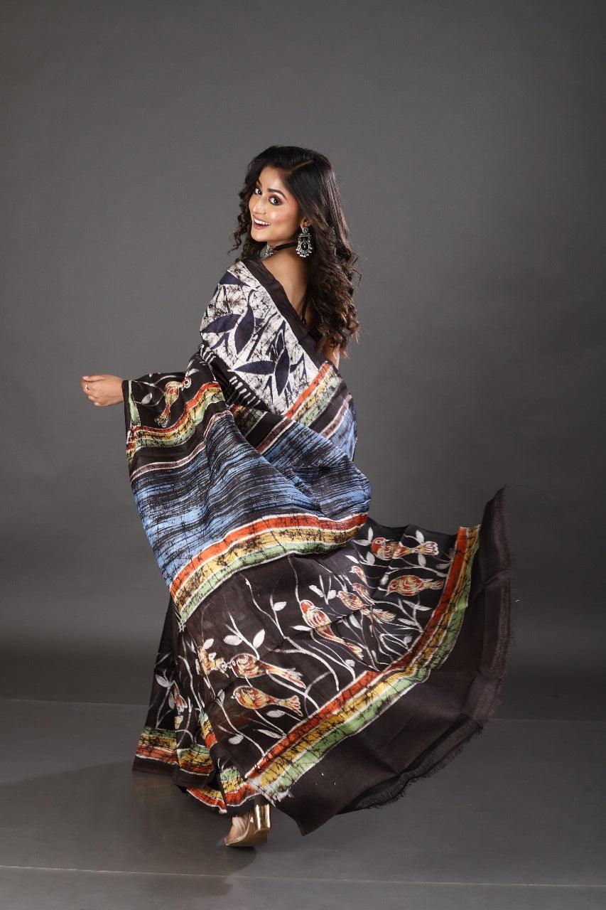Black with multicolor bird design handcrafted batik silk saree