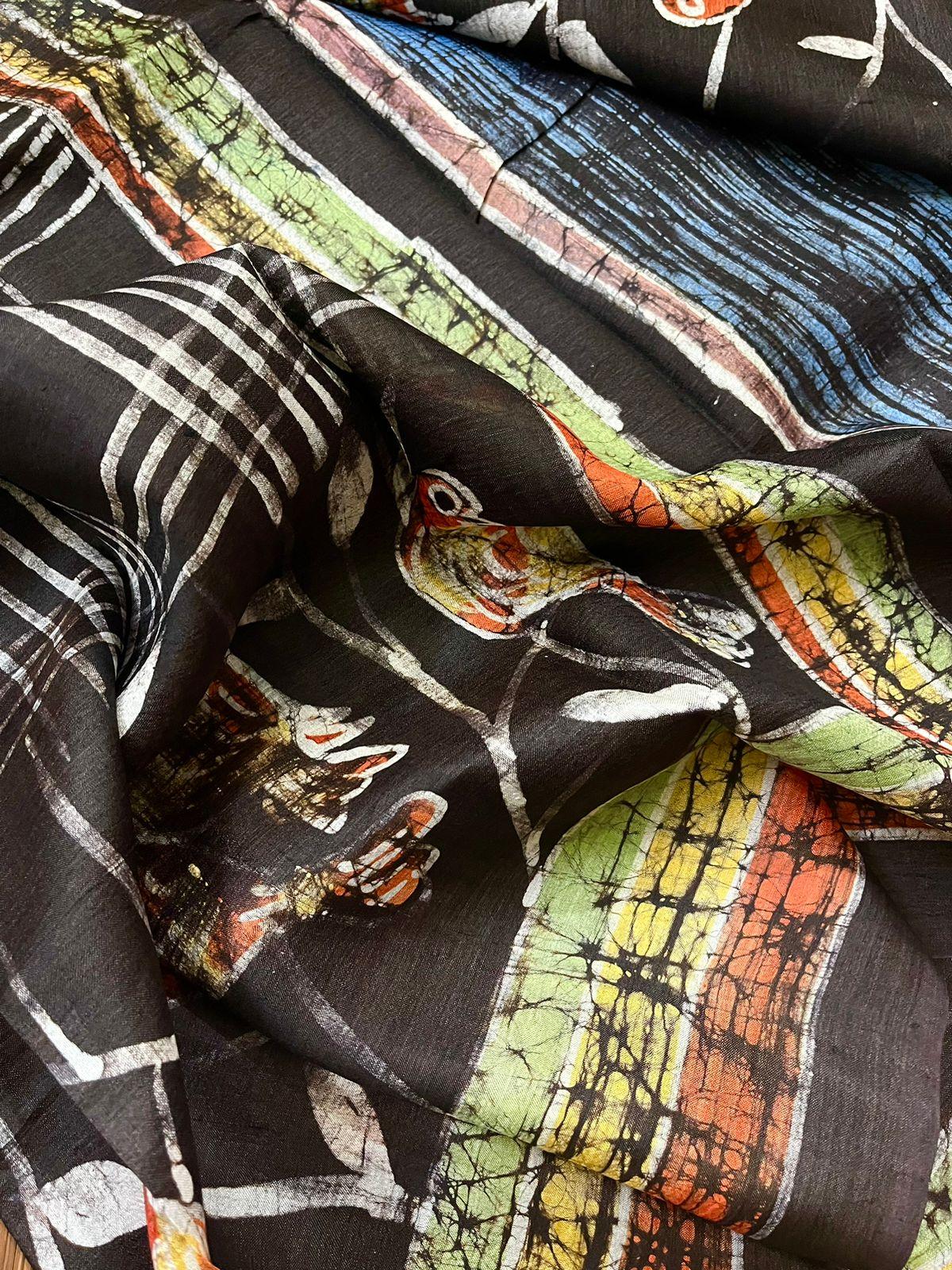 Black with multicolor bird design handcrafted batik silk saree