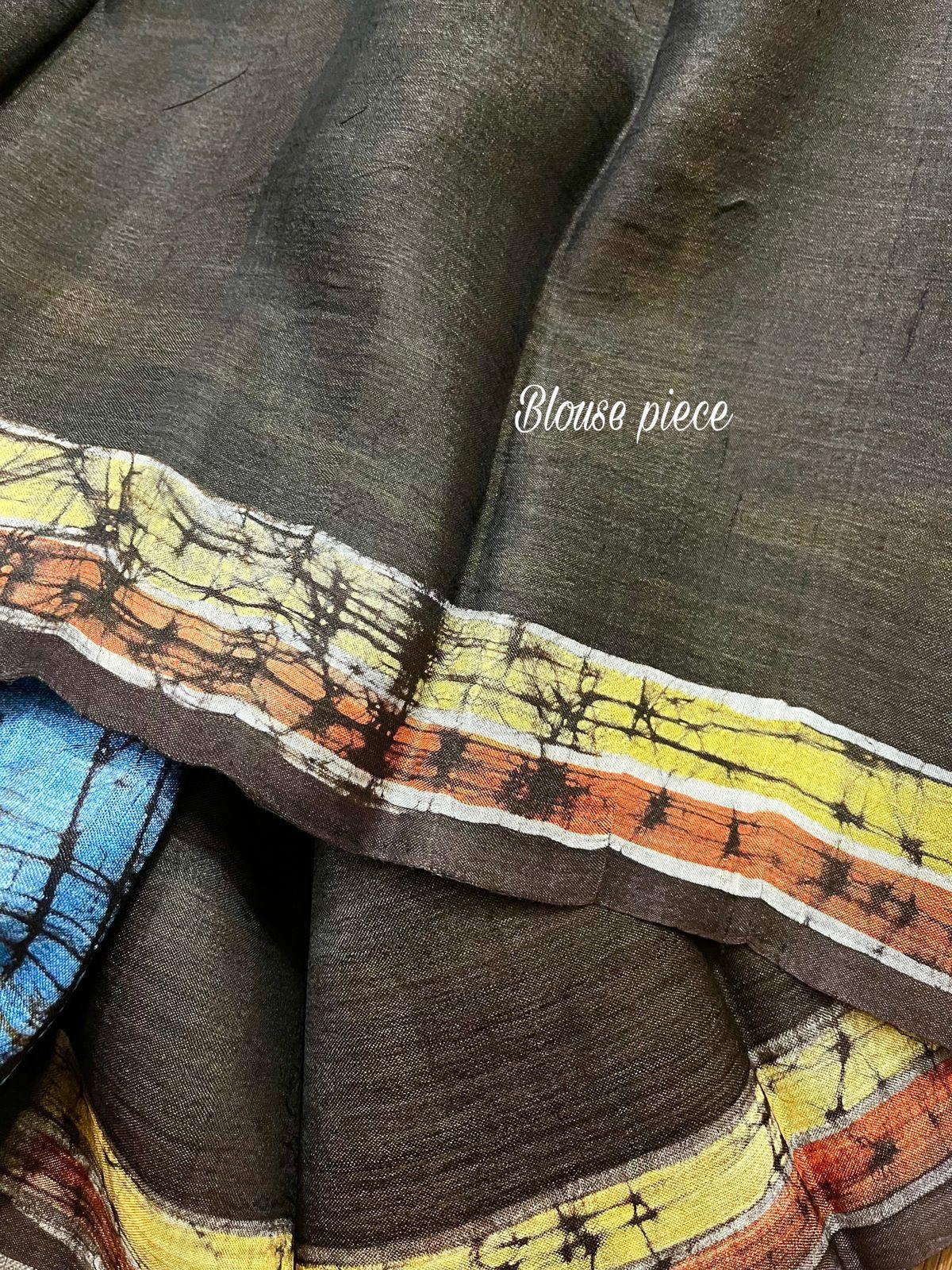 Black with multicolor bird design handcrafted batik silk saree