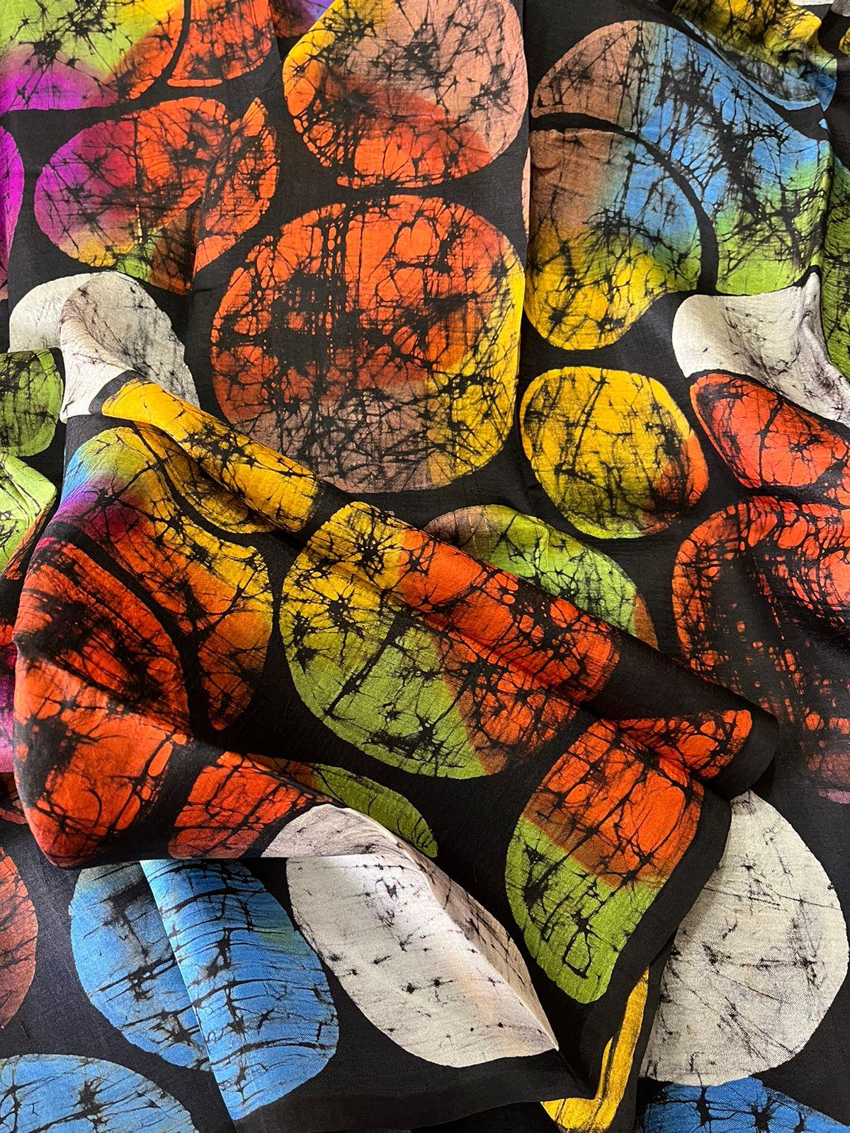 Black with multicolor palka dot handcrafted batik silk saree