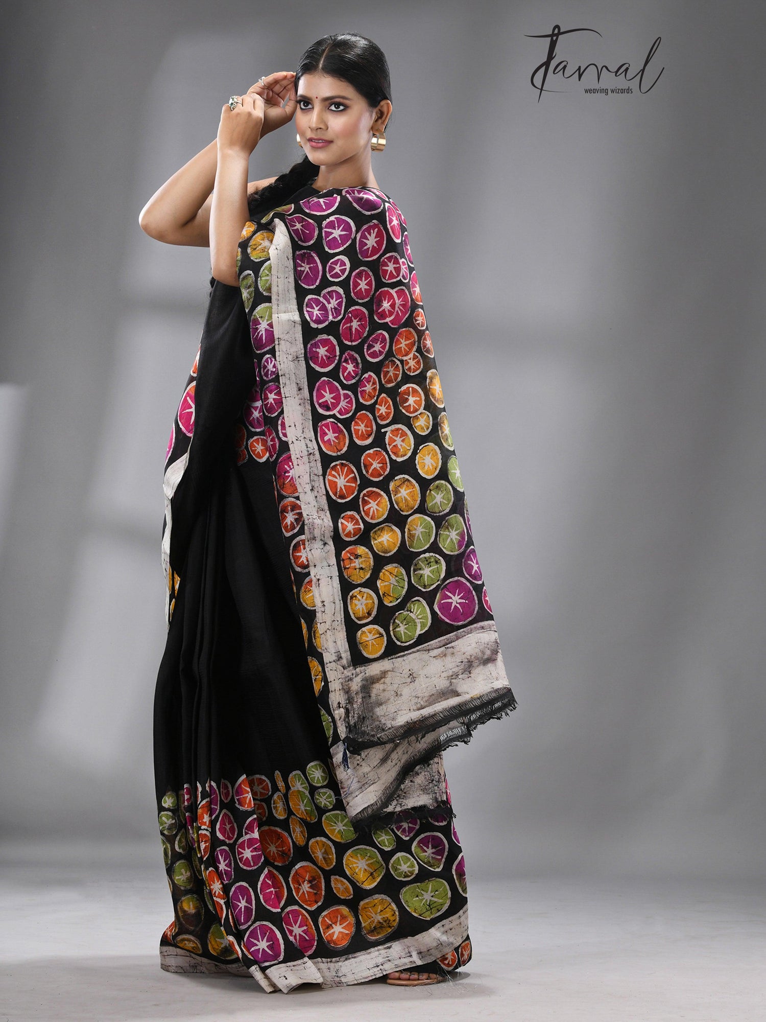 Black with multicolor water linen batik handcrafted silk saree 