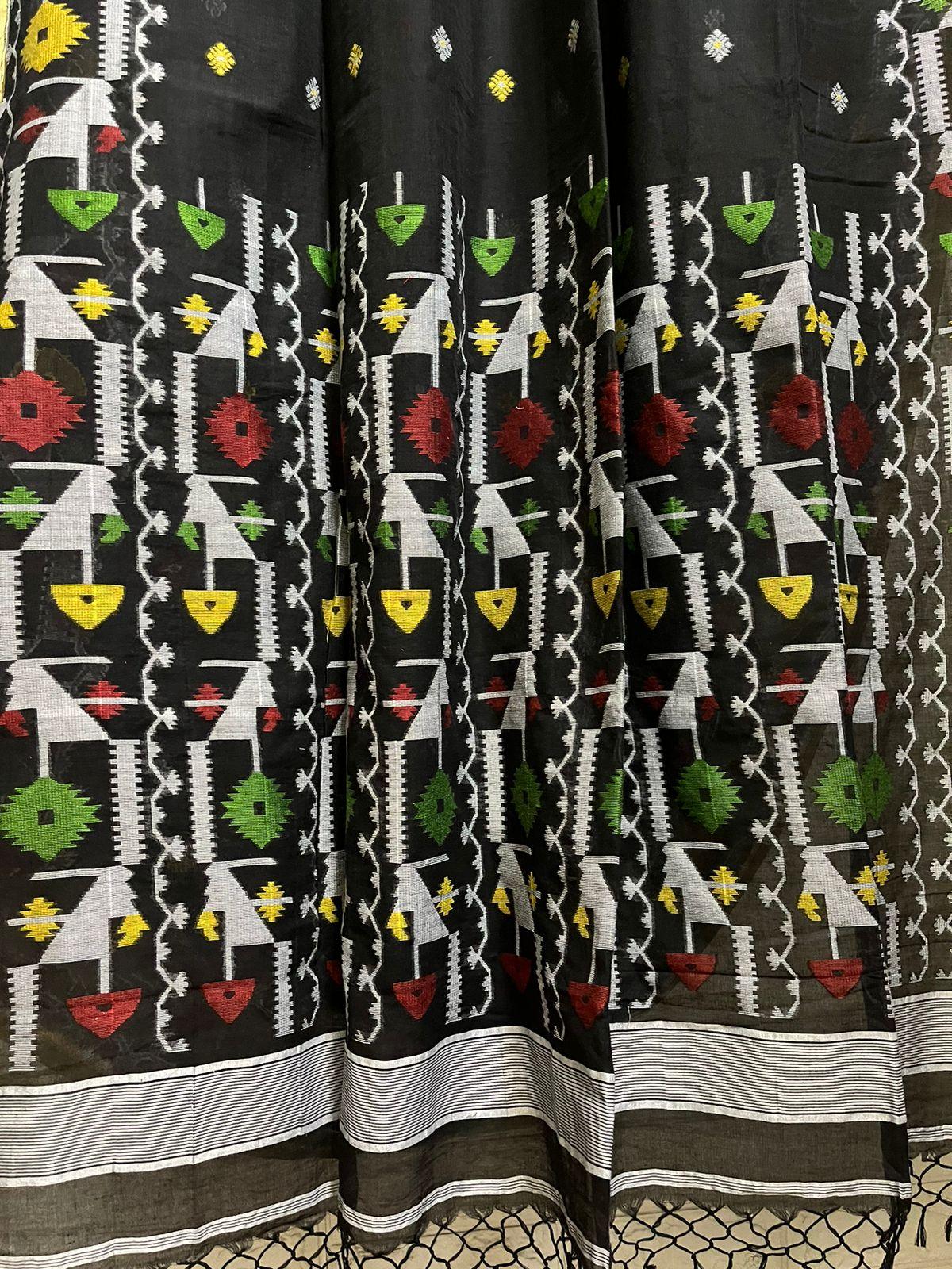 Black with multicolour pure cotton handloom jamdani saree