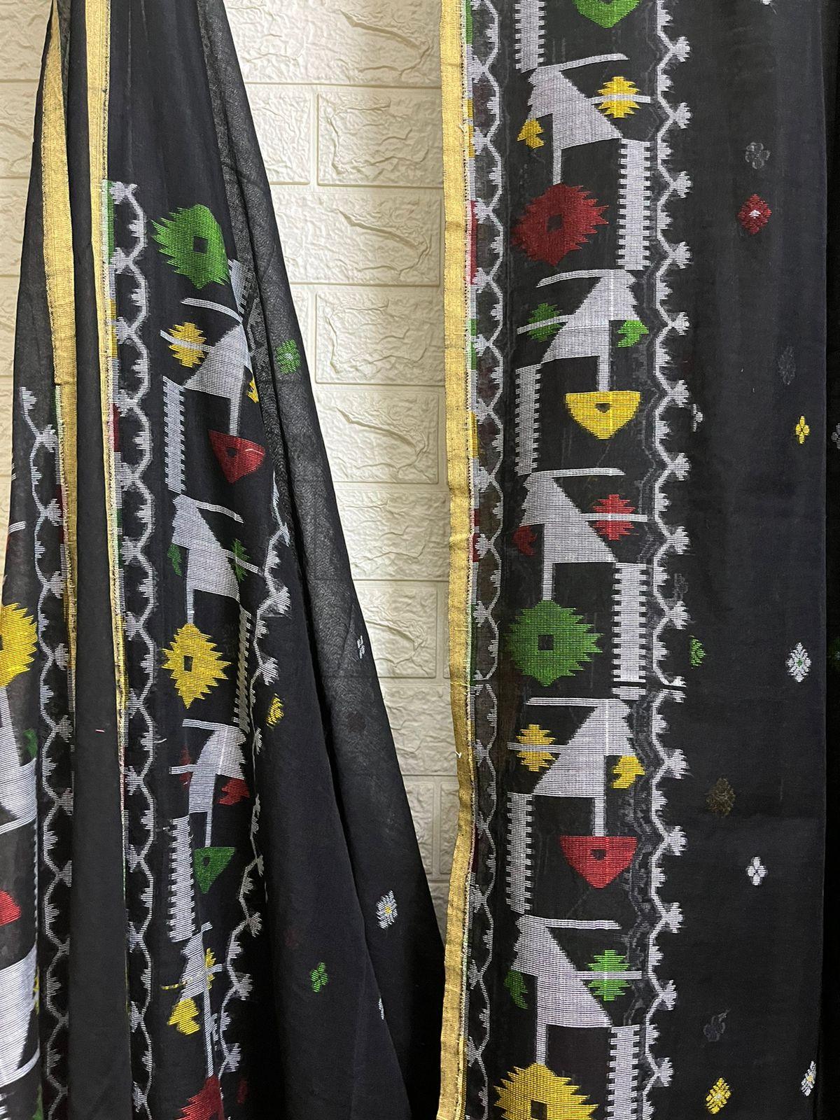 Black with multicolour pure cotton handloom jamdani saree