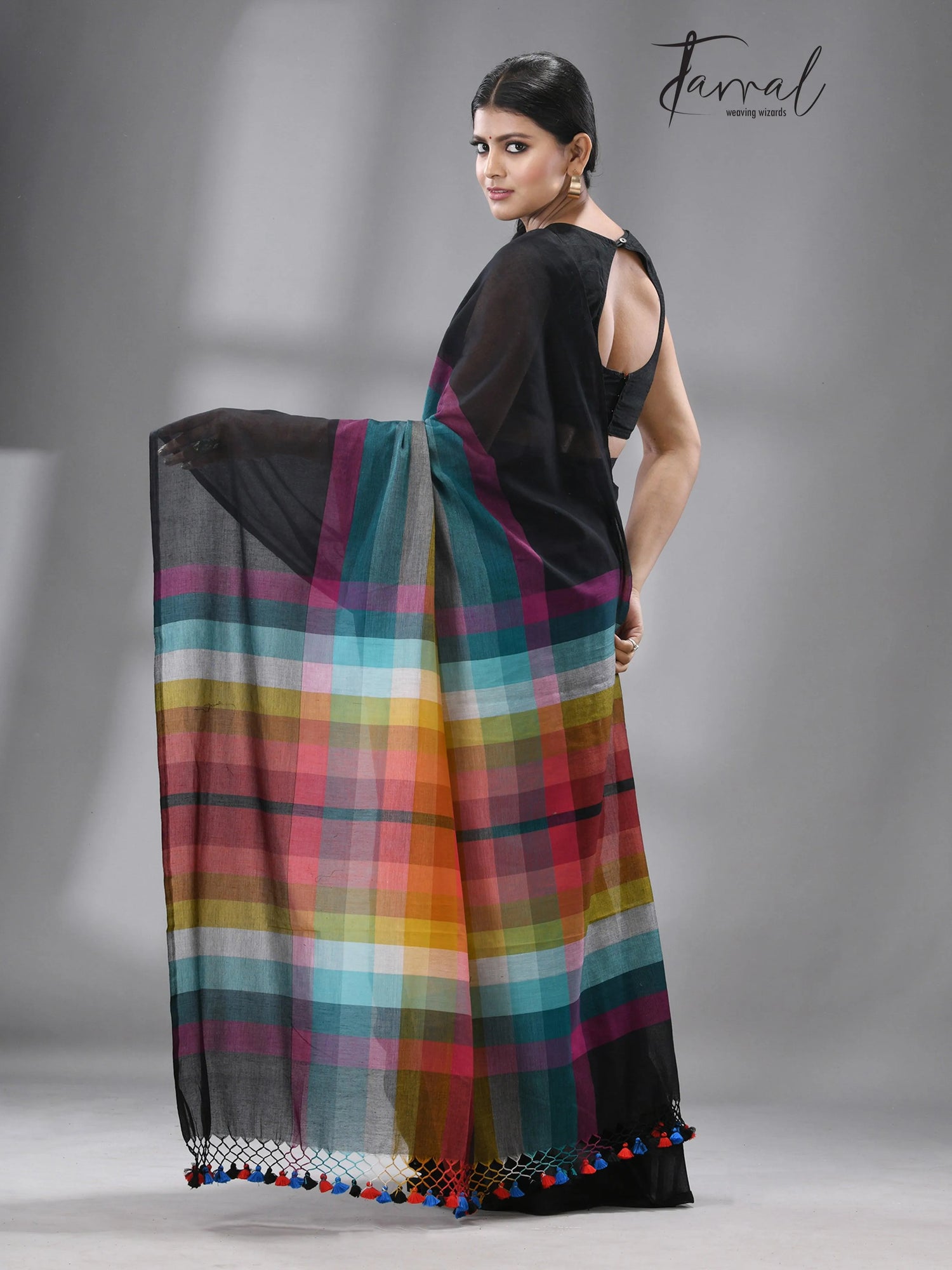 Black with rainbow mul cotton handloom saree