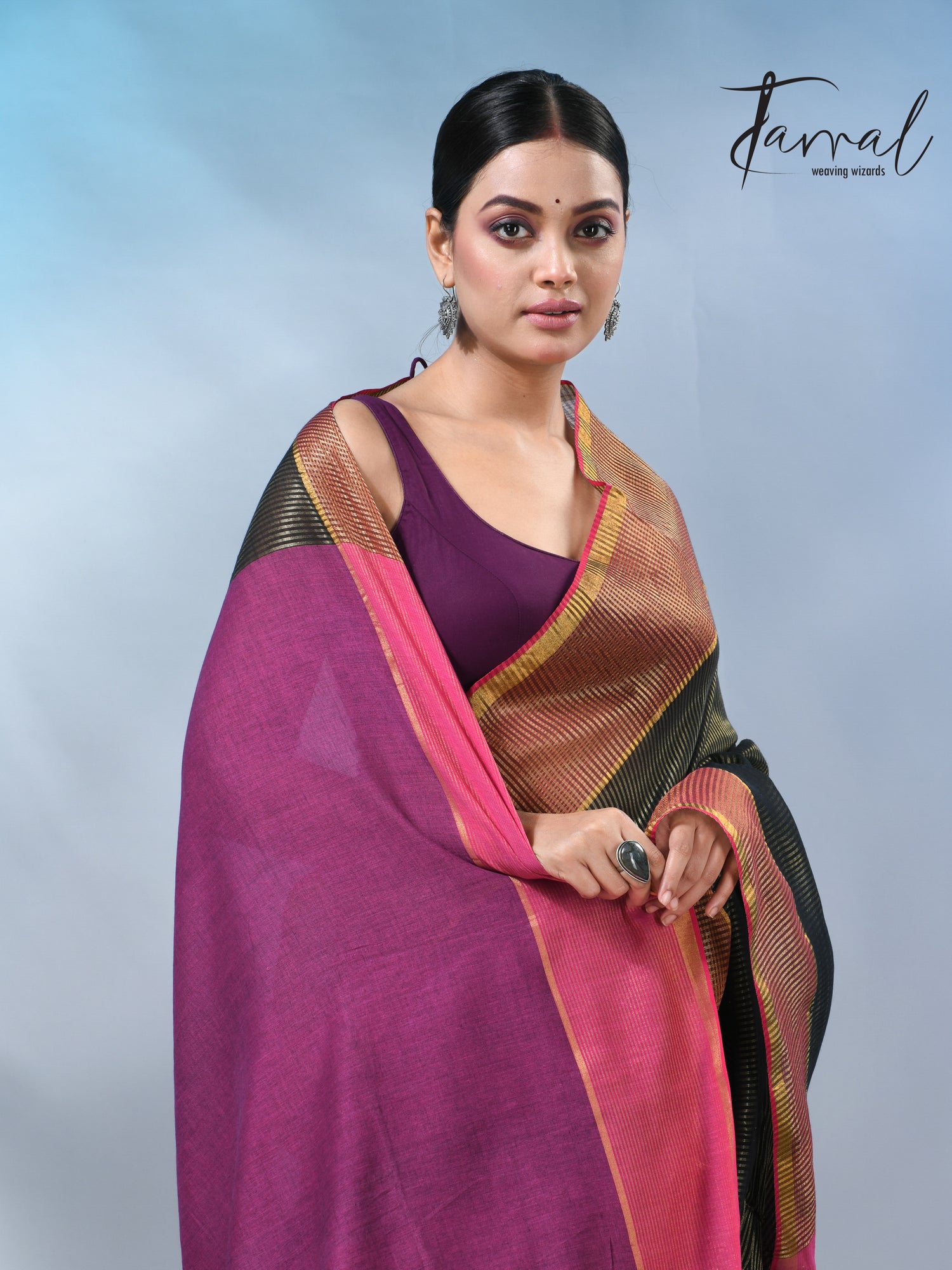 Black with rani color pallu zari striped cotton handloom saree