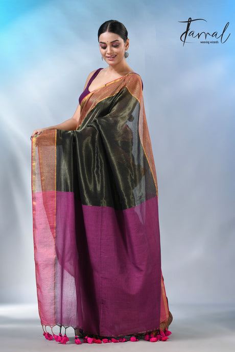 Black with rani color pallu zari striped cotton handloom saree