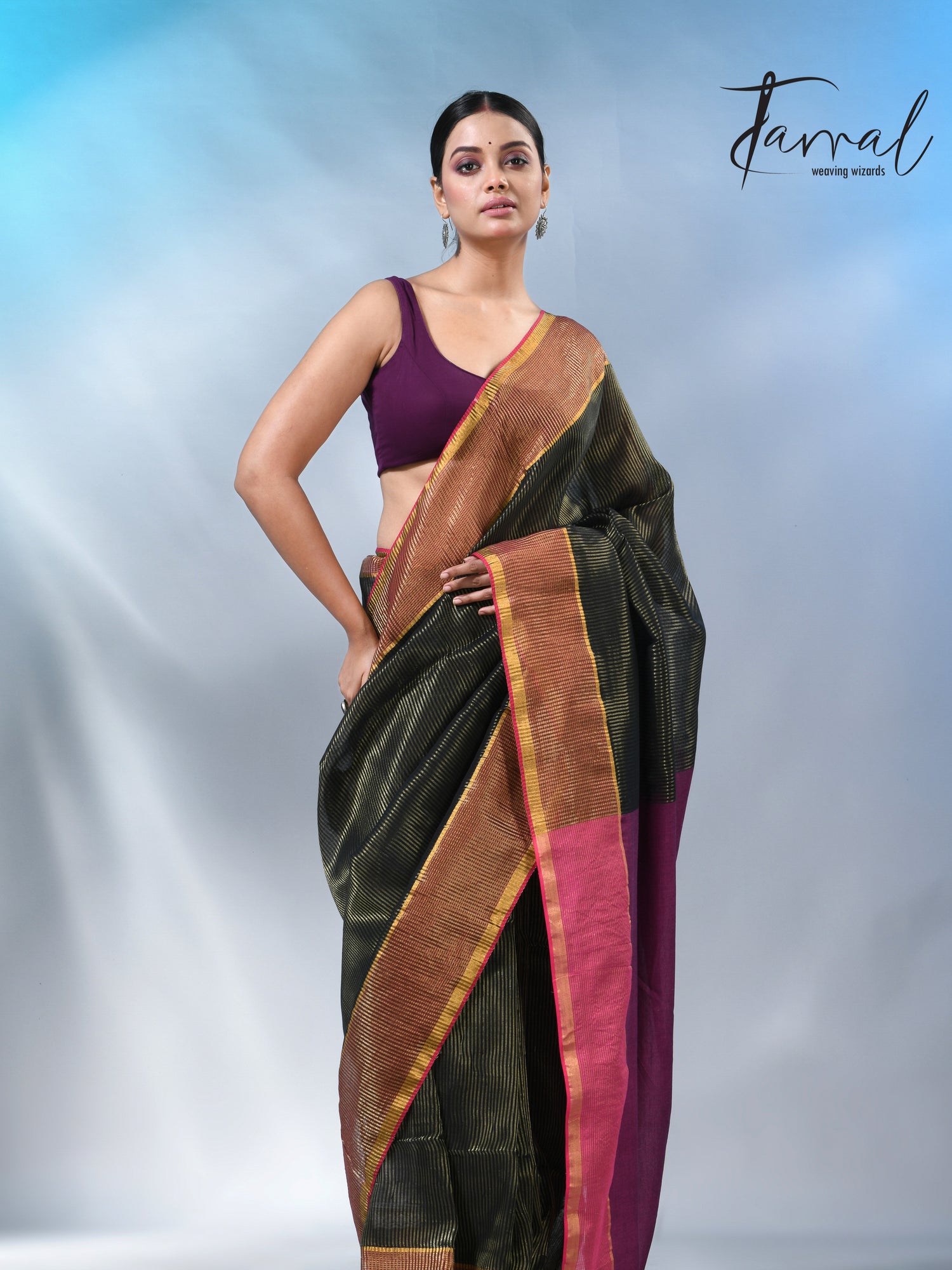 Black with rani colour pallu zari striped cotton handloom saree