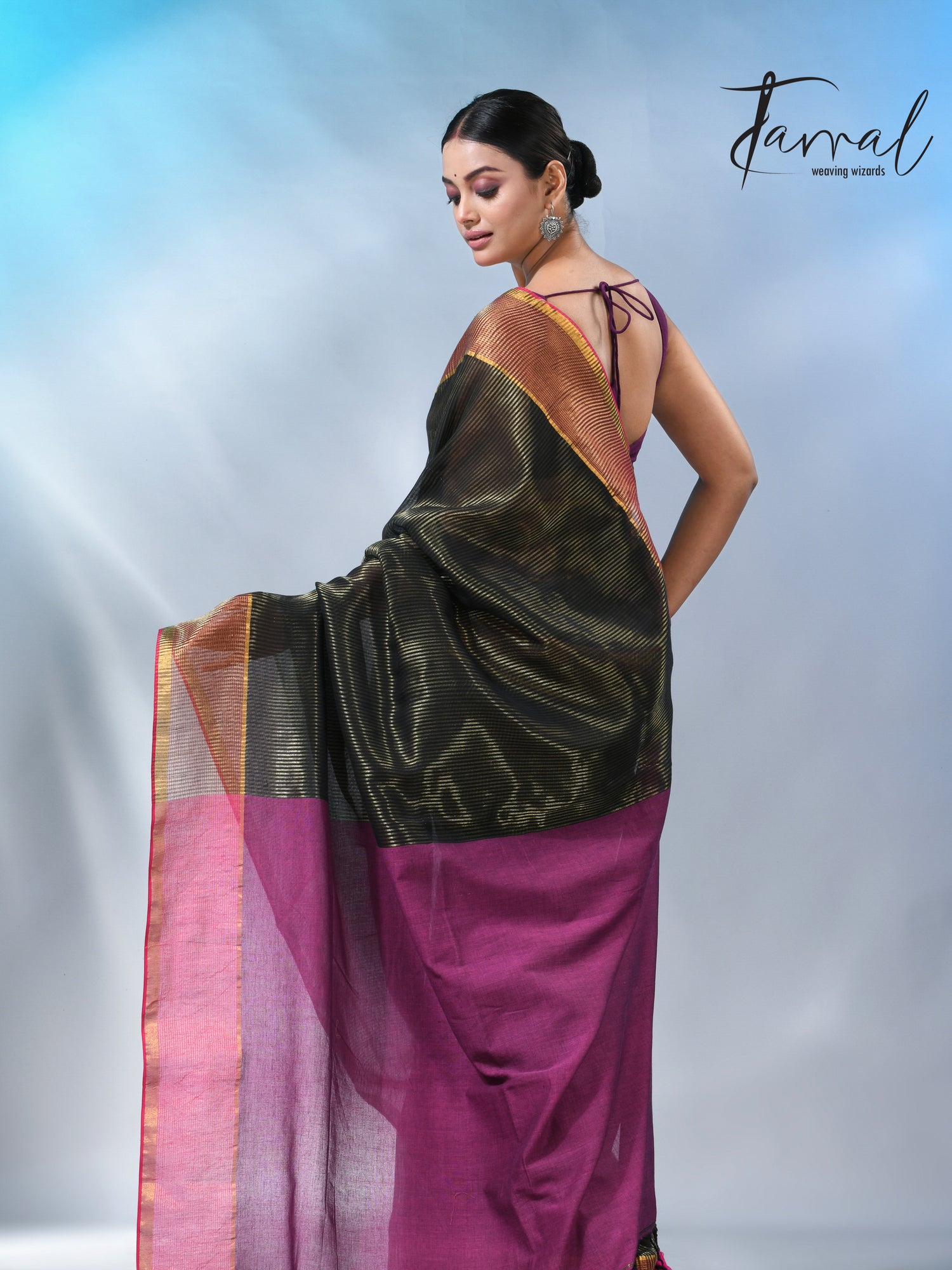 Black with rani colour pallu zari striped cotton handloom saree