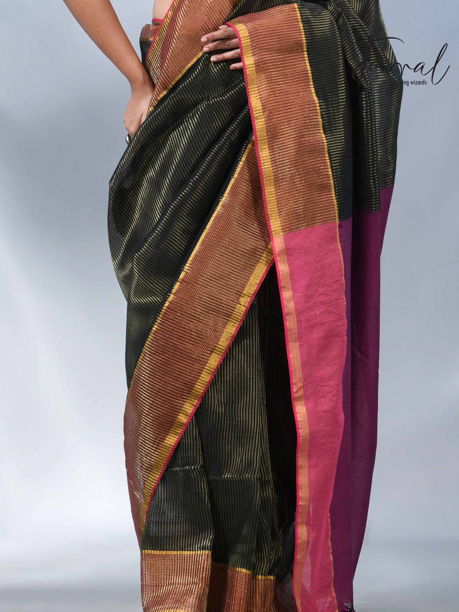 Black with rani colour pallu zari striped cotton handloom saree