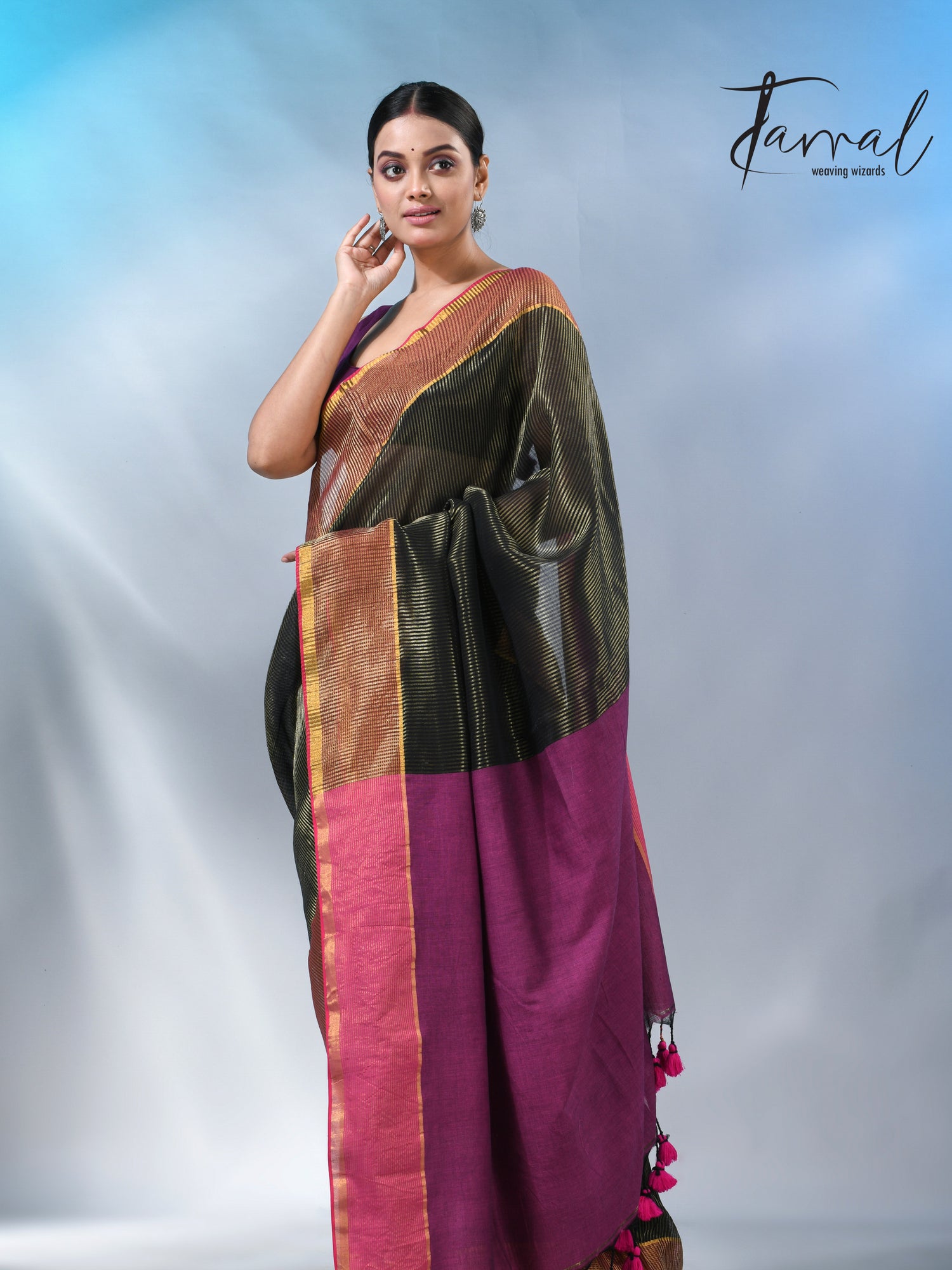 Black with rani colour pallu zari striped cotton handloom saree