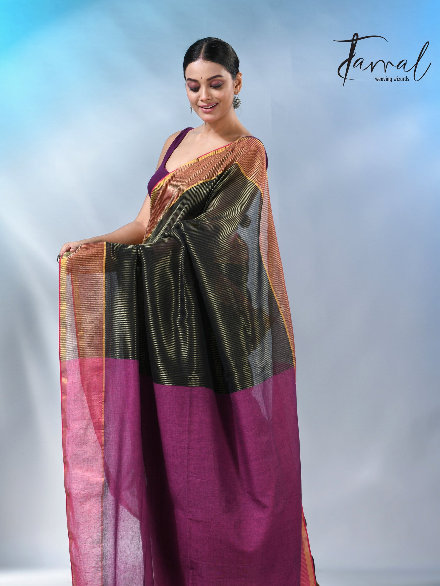 Black with rani colour pallu zari striped cotton handloom saree