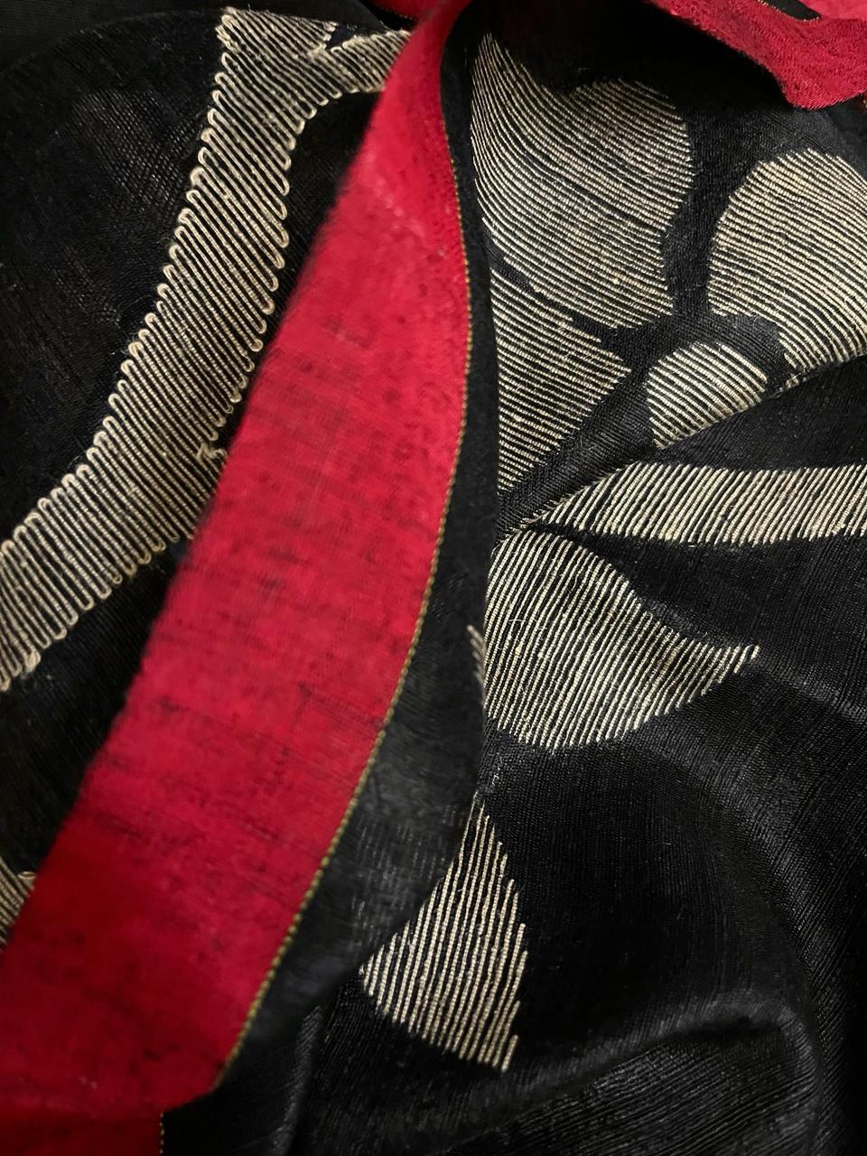 Black with red border Matka silk handwoven jamdani saree - Tamal Boutique