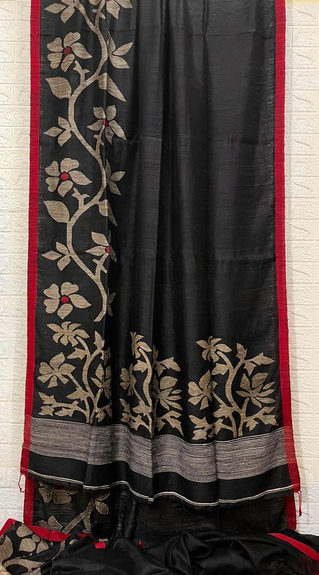 Black with red border Matka silk handwoven jamdani saree - Tamal Boutique