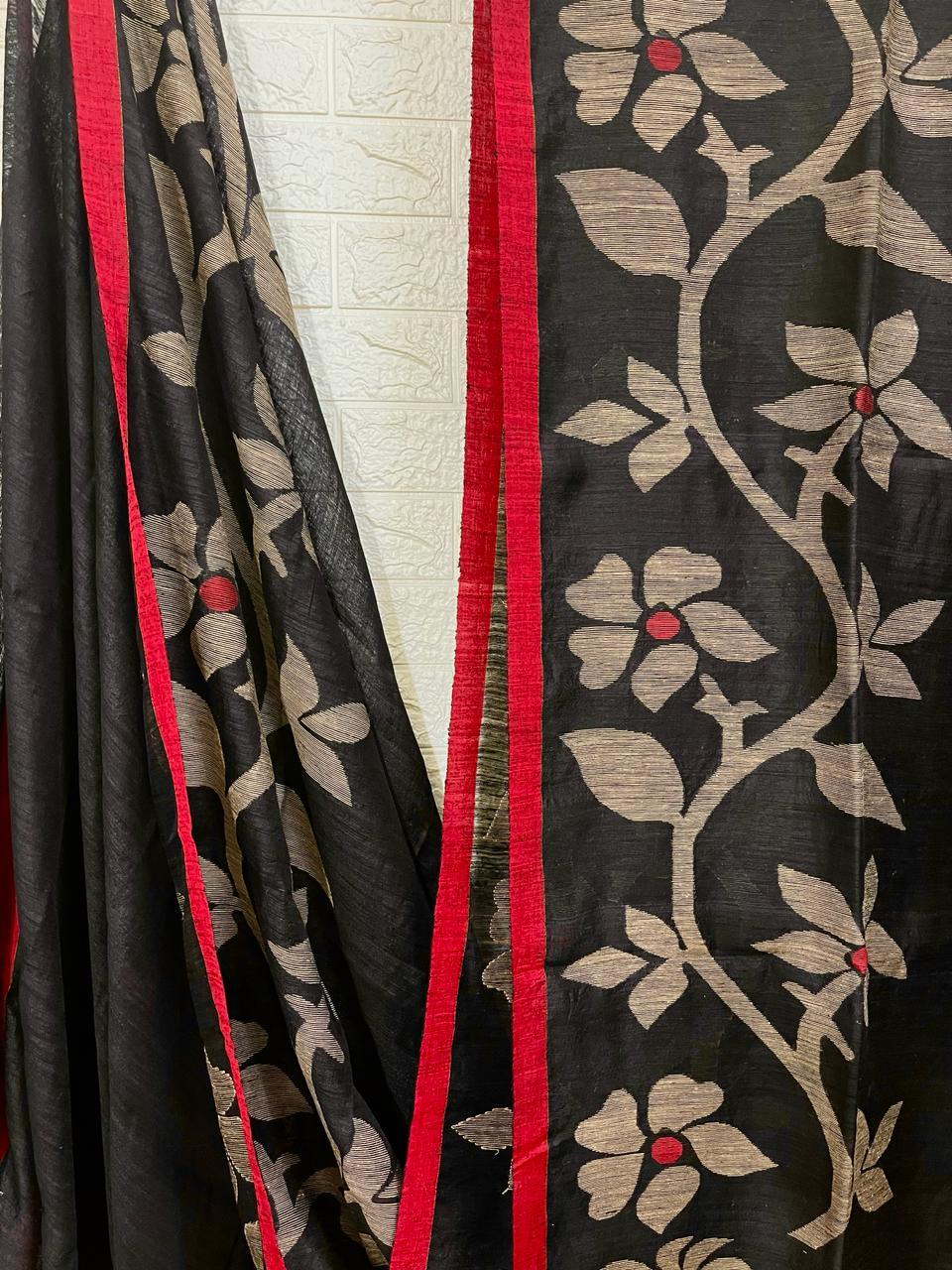 Black with red border Matka silk handwoven jamdani saree - Tamal Boutique