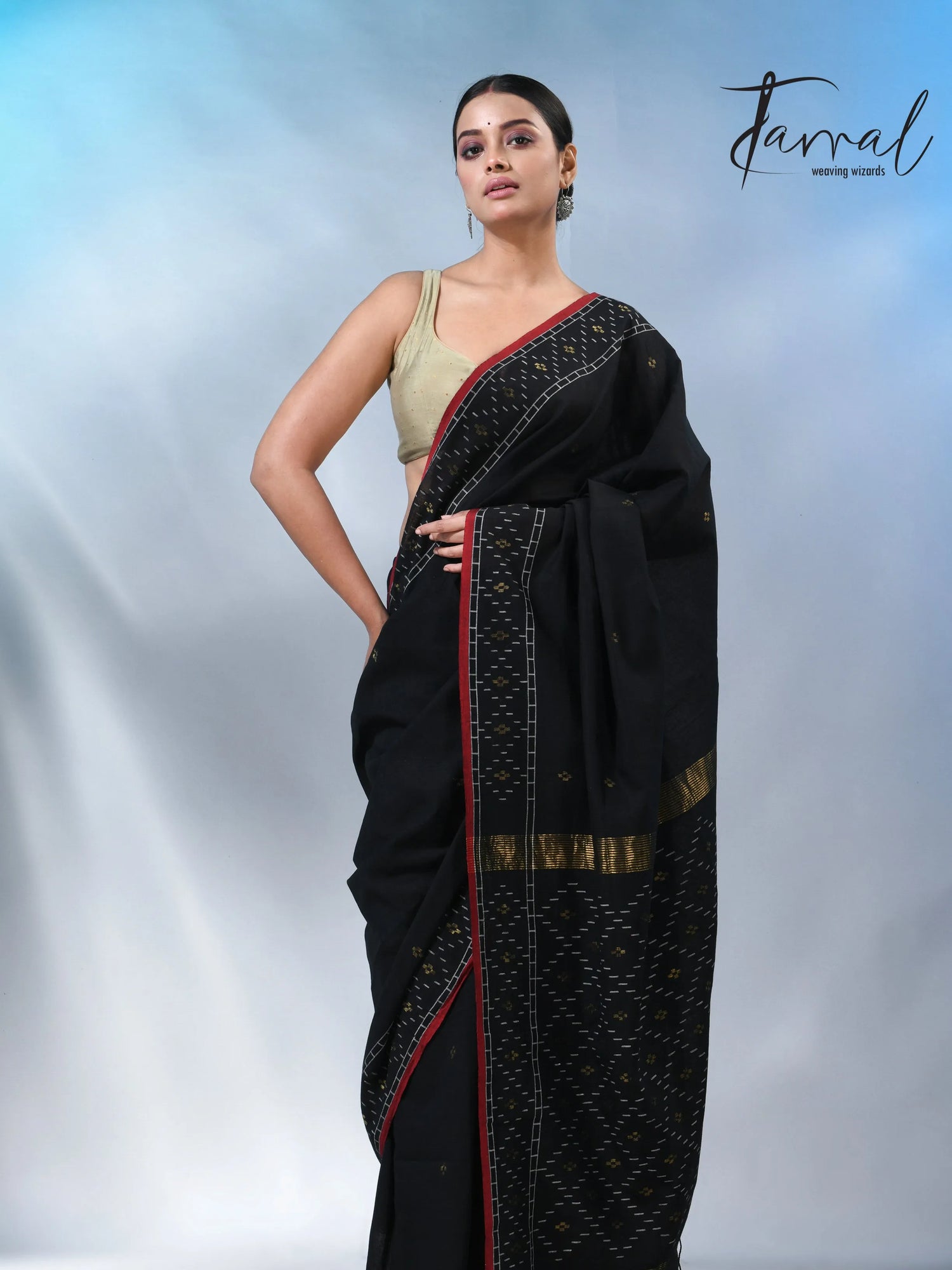 Black with red border pure cotton handwoven jamdani saree