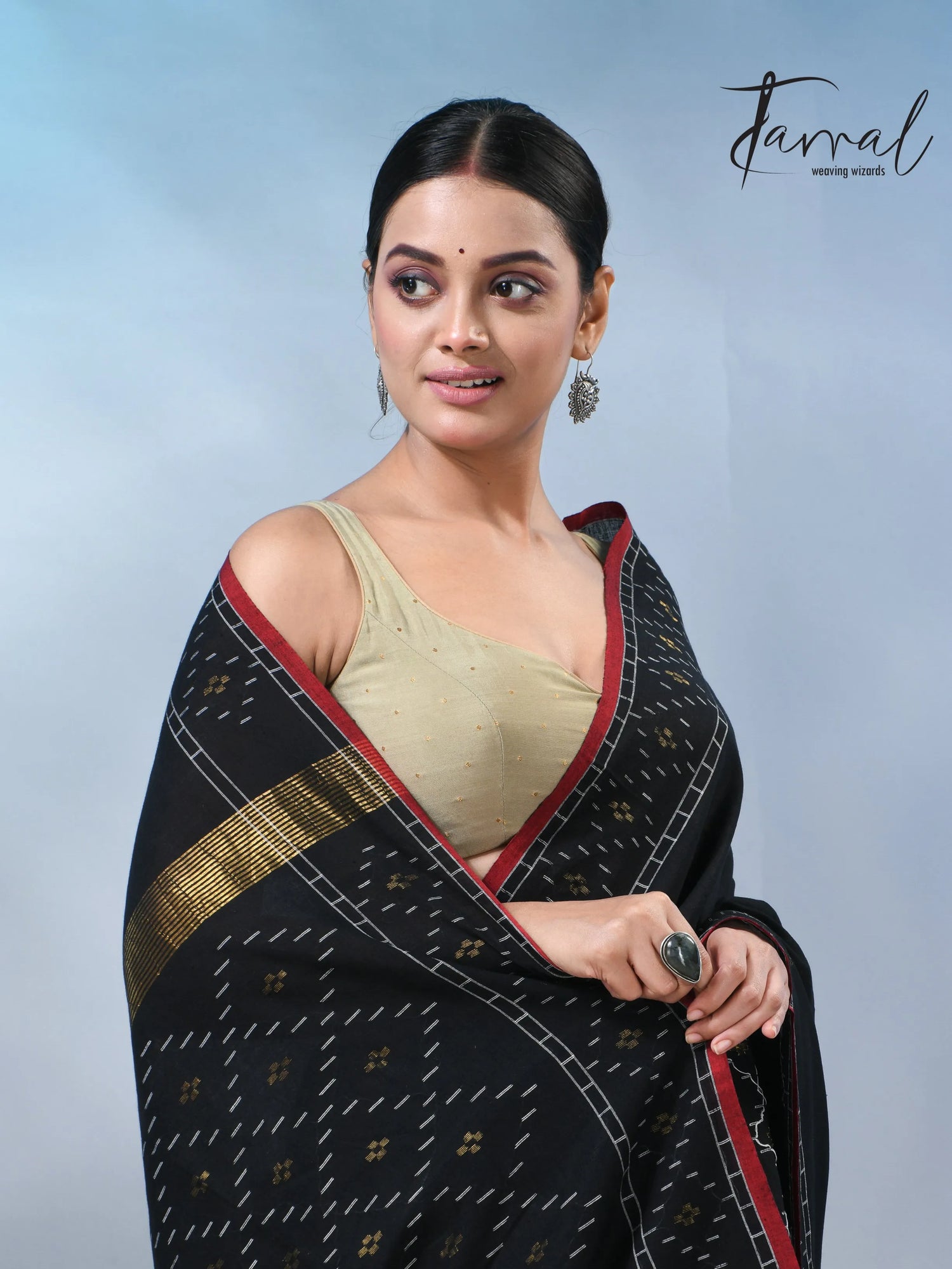 Black with red border pure cotton handwoven jamdani saree