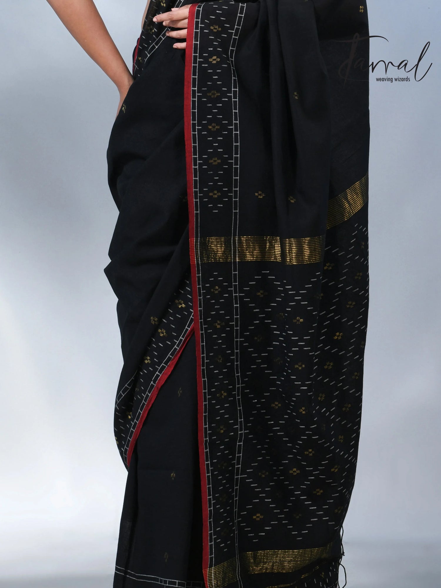 Black with red border pure cotton handwoven jamdani saree