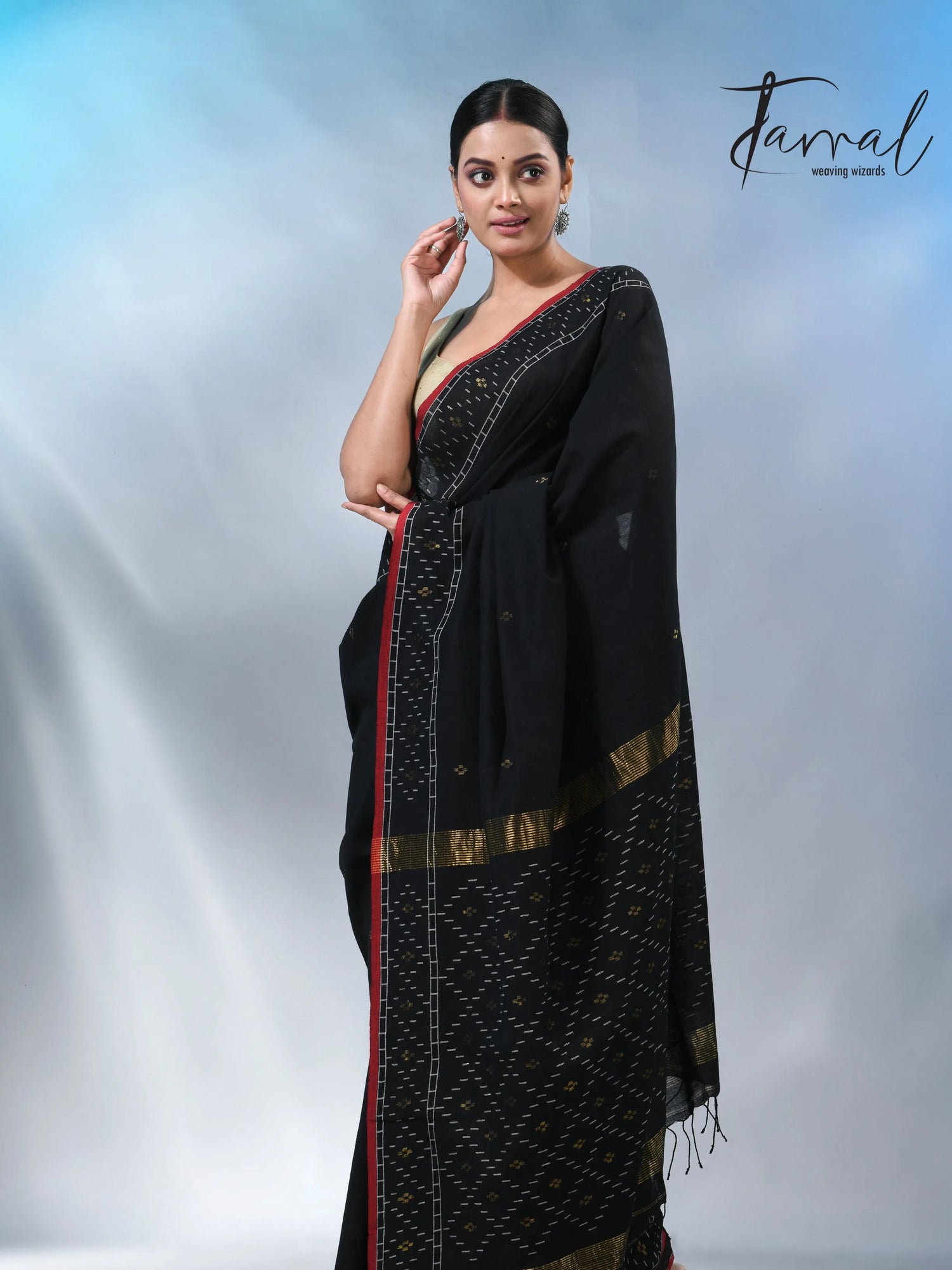 Black with red border pure cotton handwoven jamdani saree