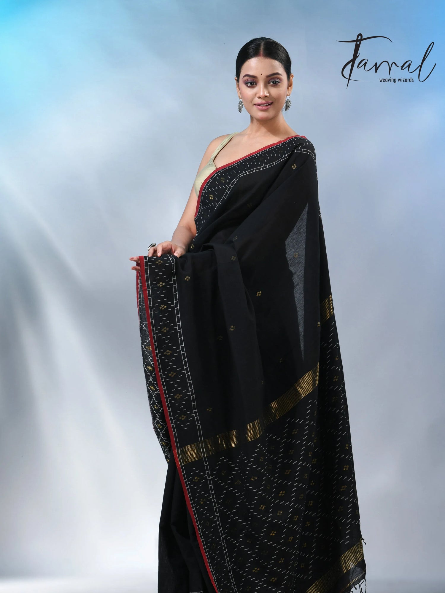 Black with red border pure cotton handwoven jamdani saree