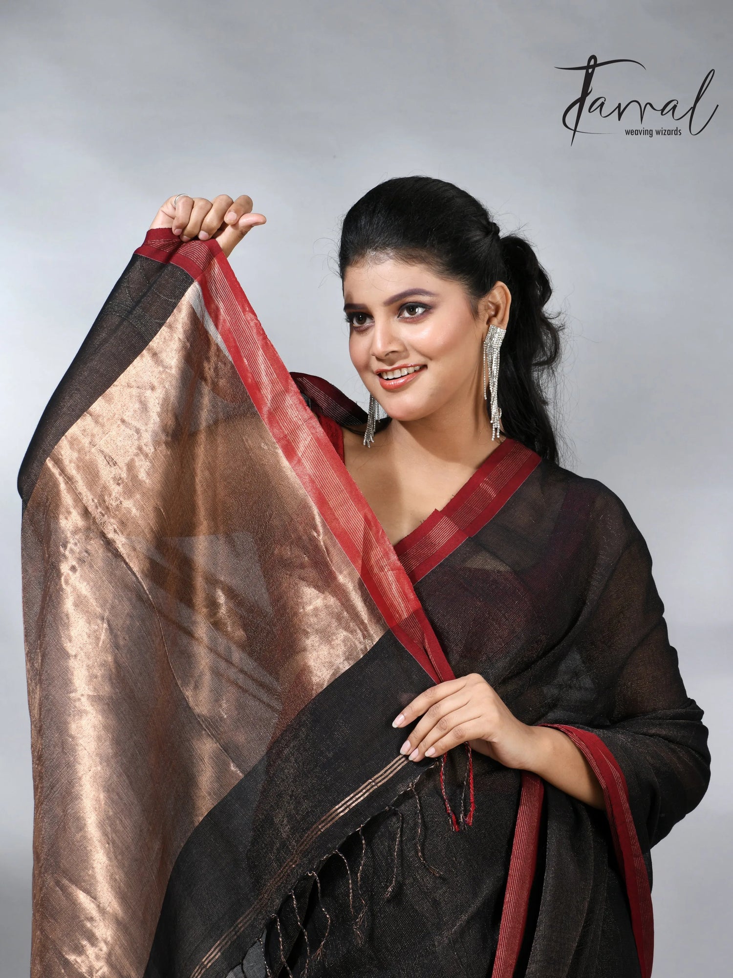 Black with red color border pure tissue linen handloom saree