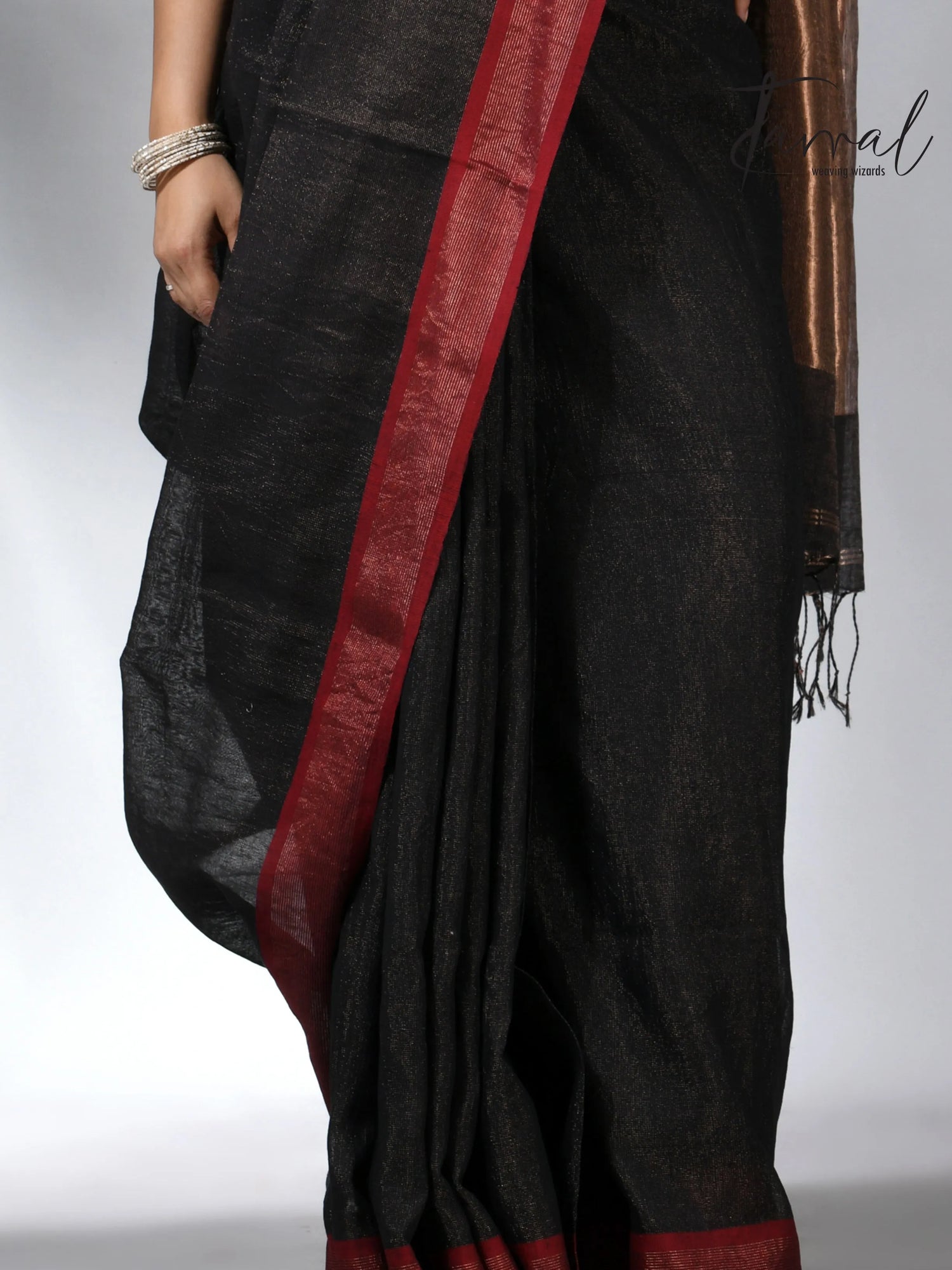 Black with red color border pure tissue linen handloom saree