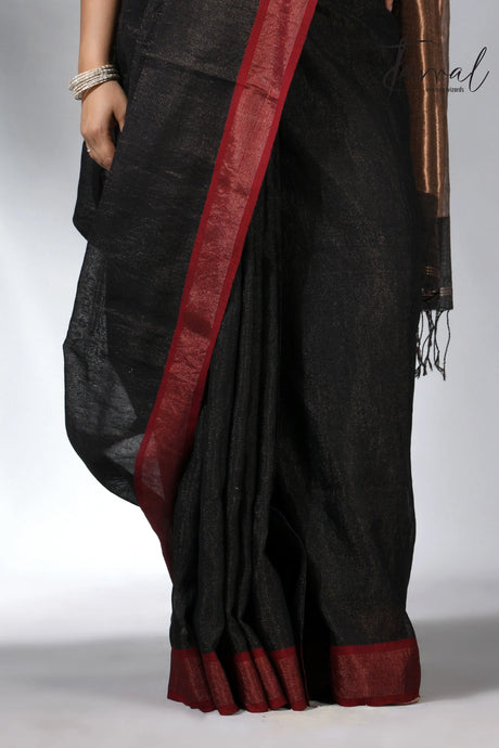 Black with red color border pure tissue linen handloom saree
