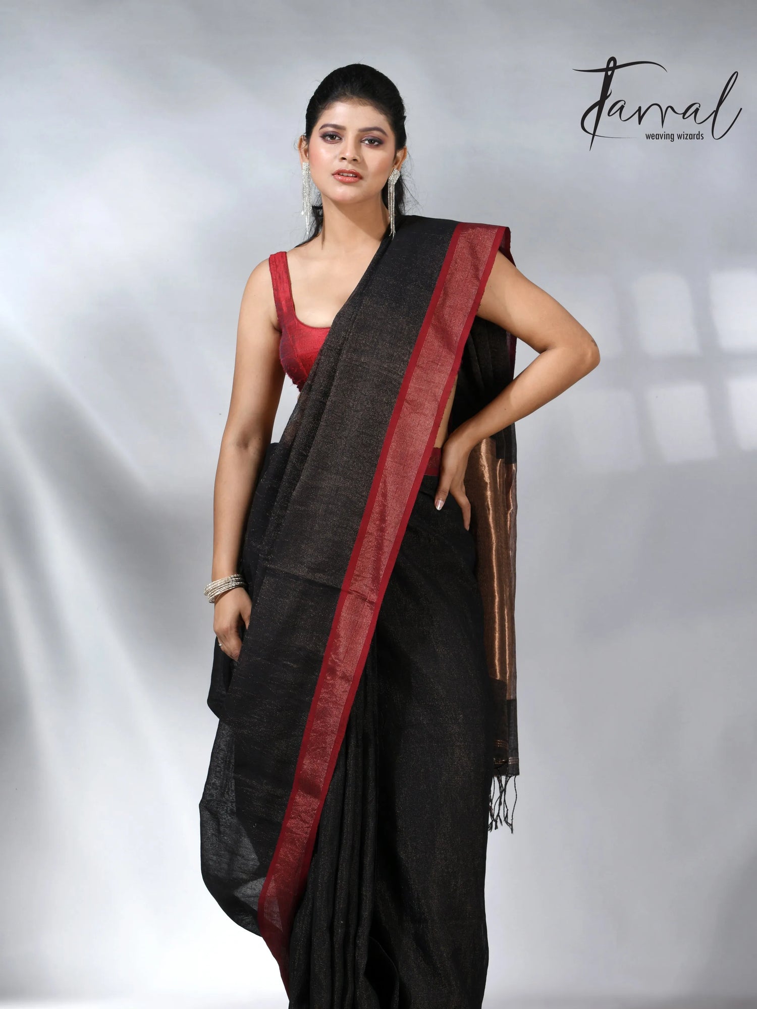 Black with red color border pure tissue linen handloom saree