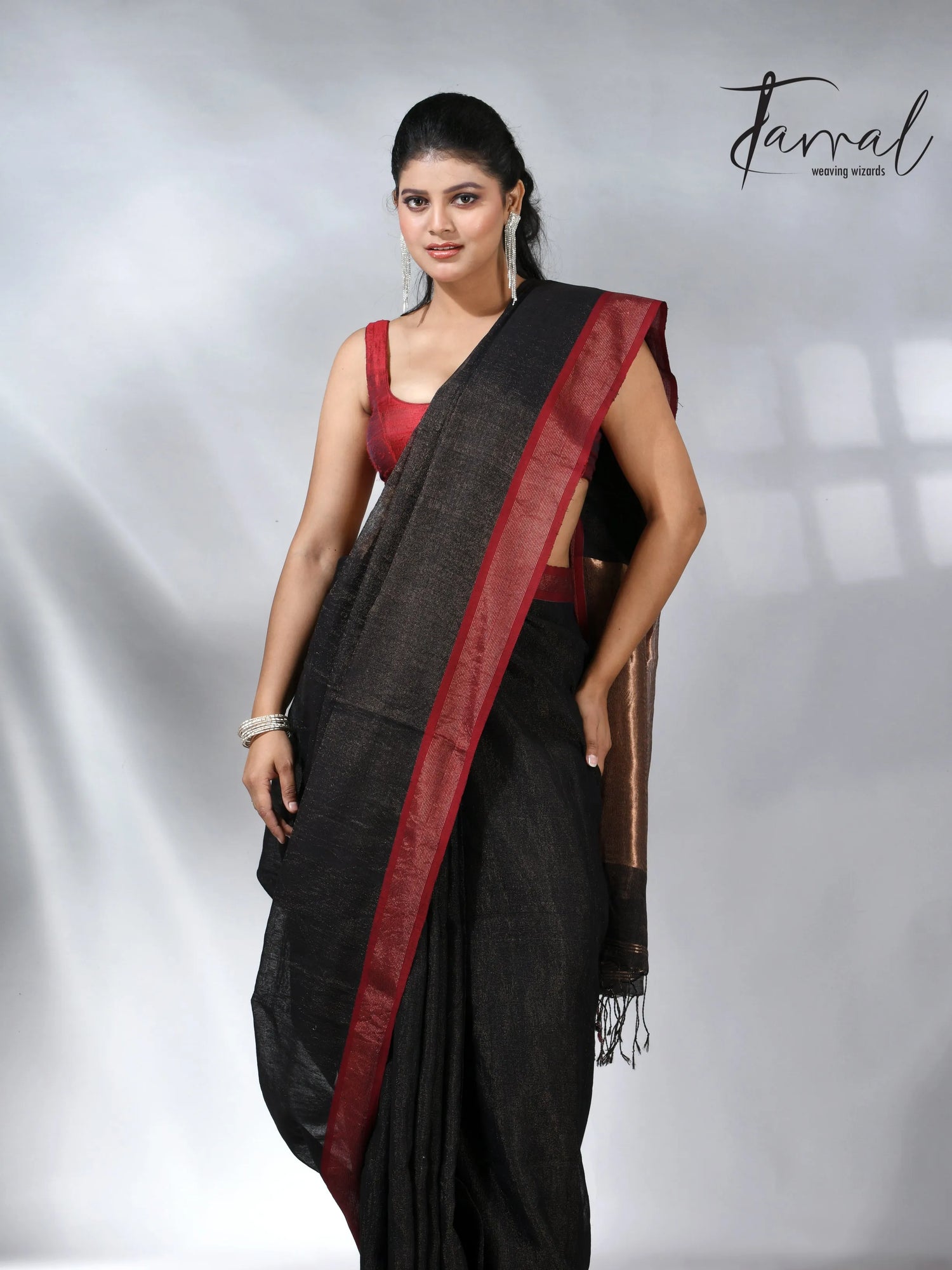 Black with red color border pure tissue linen handloom saree