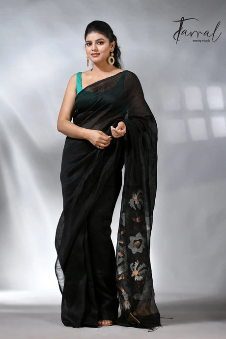 Black with silver & golden silk linen handwoven jamdani saree