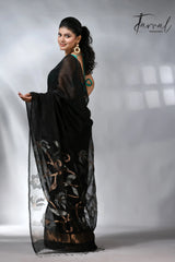 Black with silver & golden silk linen handwoven jamdani saree